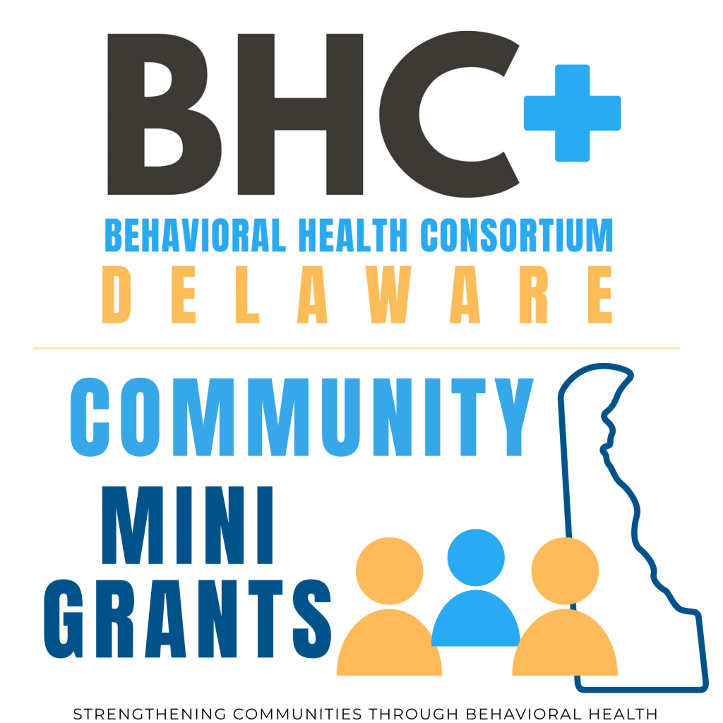 Logo of the BHC Community Mini Grants. Image includes the BHC main logo and the title of the program with an outlined image of the State of Delaware, and a graphic image representing people. 